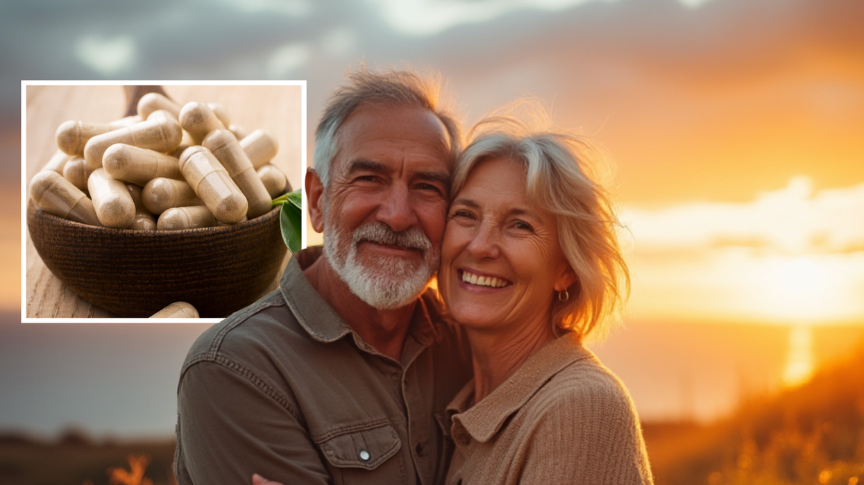 Supplement next to couple hugging