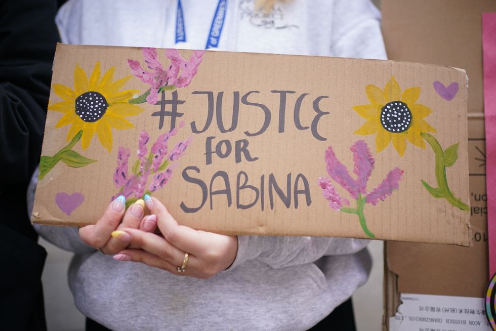 Supporters from the Sabina Project outside the Old Bailey, central London, ahead of the sentencing of garage worker Koci Selamaj for the murder of primary school teacher Sabina Nessa who was killed as she walked through Cator Park on her way to meet a friend in Kidbrooke, south-east London on September 17, 2021. Picture date: Thursday April 7, 2022.