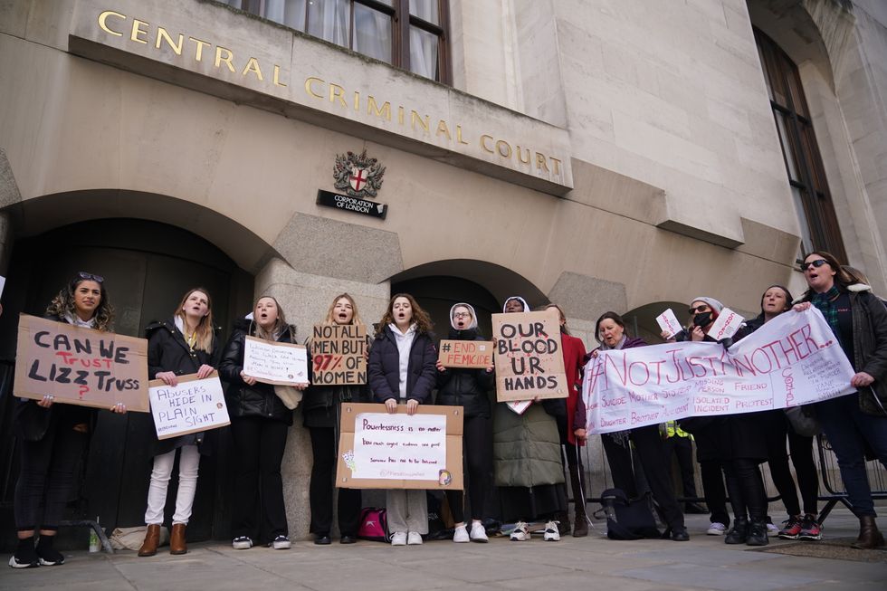 Supporters from the Sabina Project outside the Old Bailey, central London, ahead of the sentencing of garage worker Koci Selamaj for the murder of primary school teacher Sabina Nessa who was killed as she walked through Cator Park on her way to meet a friend in Kidbrooke, south-east London on September 17, 2021. Picture date: Thursday April 7, 2022.