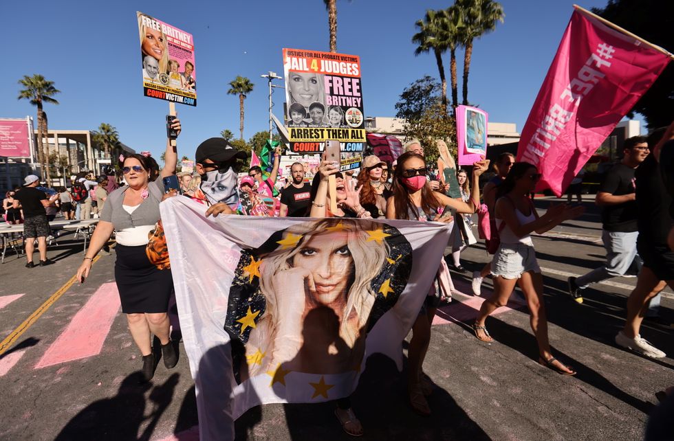 Supporters of singer Britney Spears gather outside the Stanley Mosk Courthouse on the day of her conservatorship case hearing, in Los Angeles, California, U.S.
