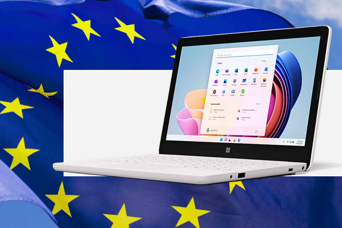 ​Surface Laptop SE, designed and sold by Microsoft to showcase its Windows 11 operating system, pictured inset, with the European Union flag in the background 