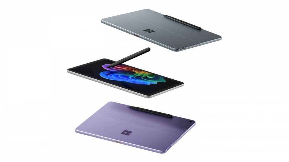 surface pro with the surface pen stylus shown floating against a plain backdrop