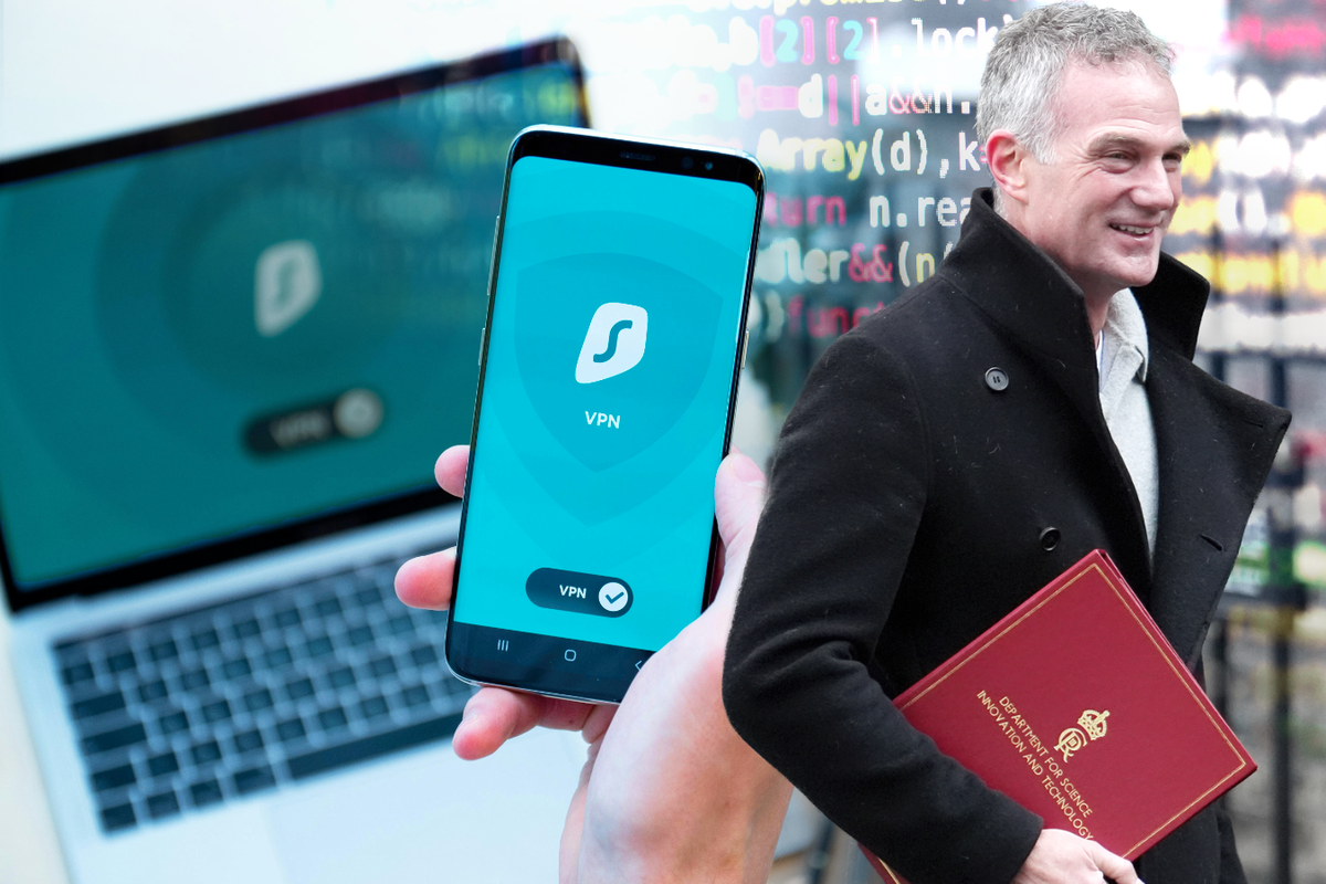 surfshark vpn on a phone with peter kyle in an inset image