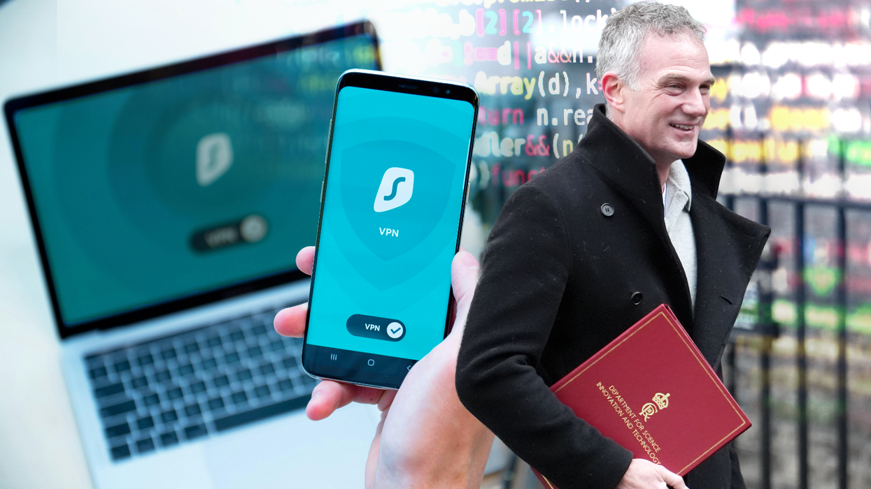 surfshark vpn on a phone with peter kyle in an inset image