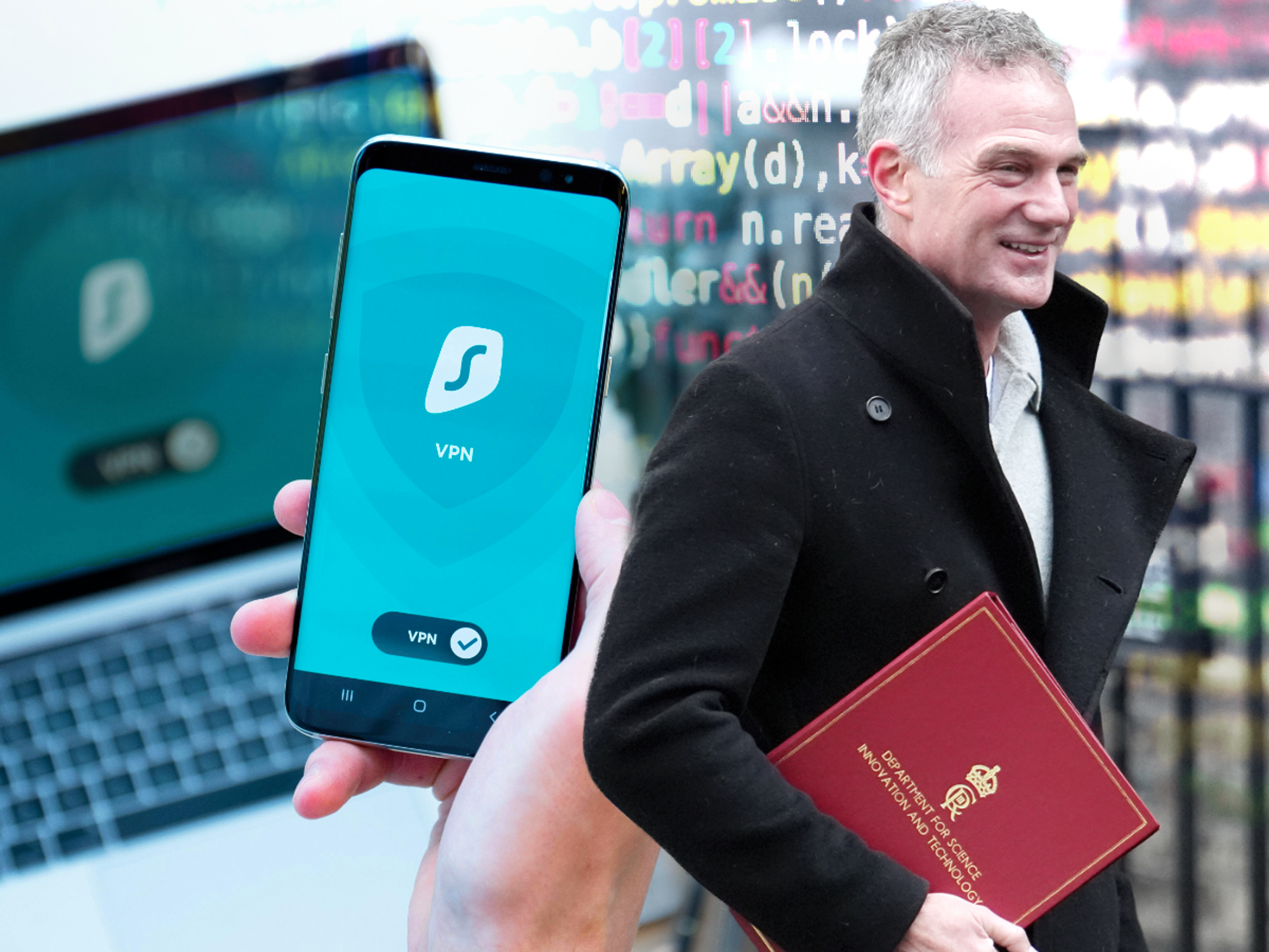 surfshark vpn on a phone with peter kyle in an inset image