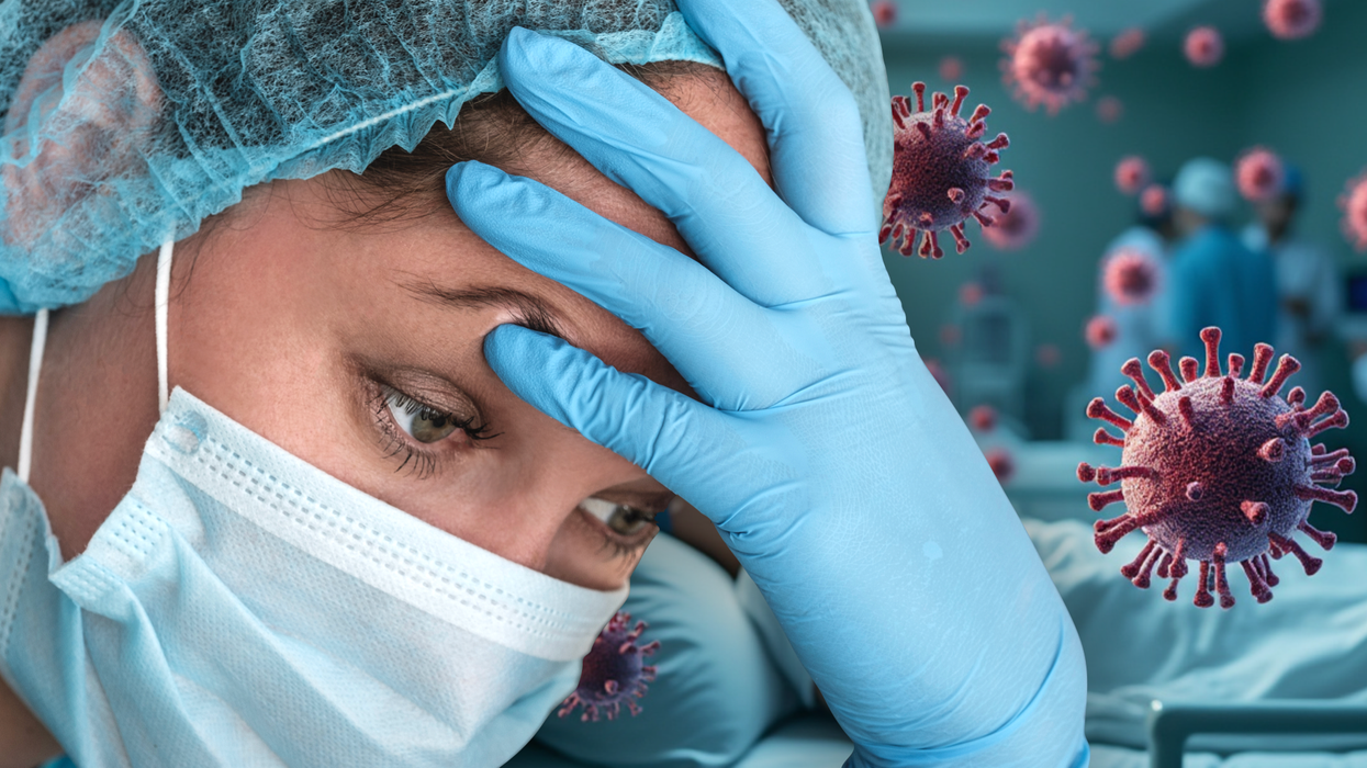 Surgeon looking desperate next to disease particles in a hospital ward