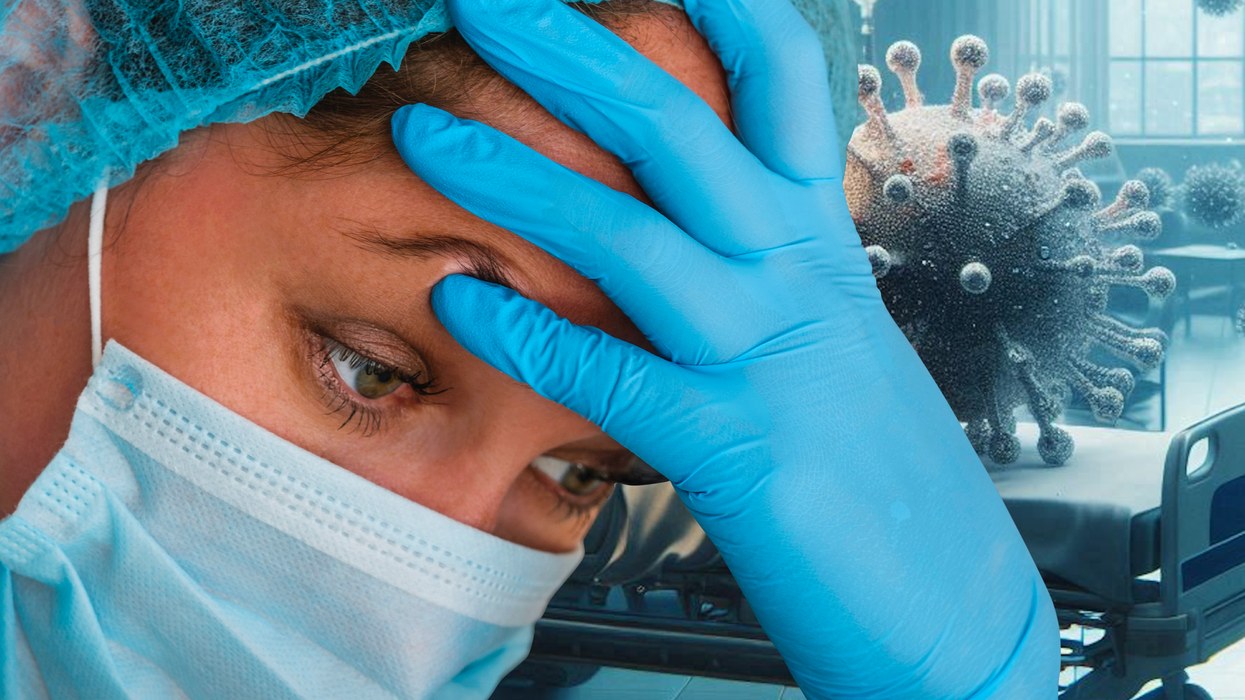 Surgeon looking distressed next to Covid particles
