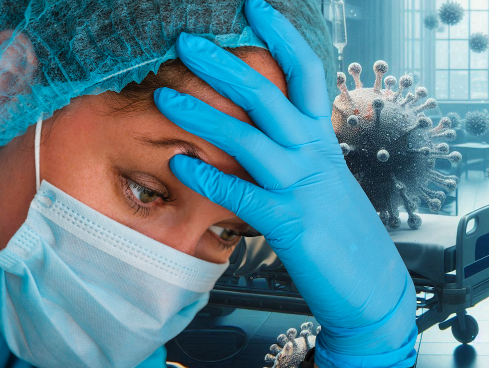 Surgeon looking distressed next to Covid particles 