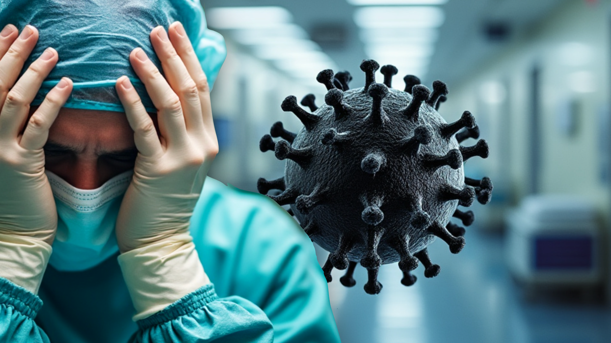 Surgeon looking upset next to a Covid particle