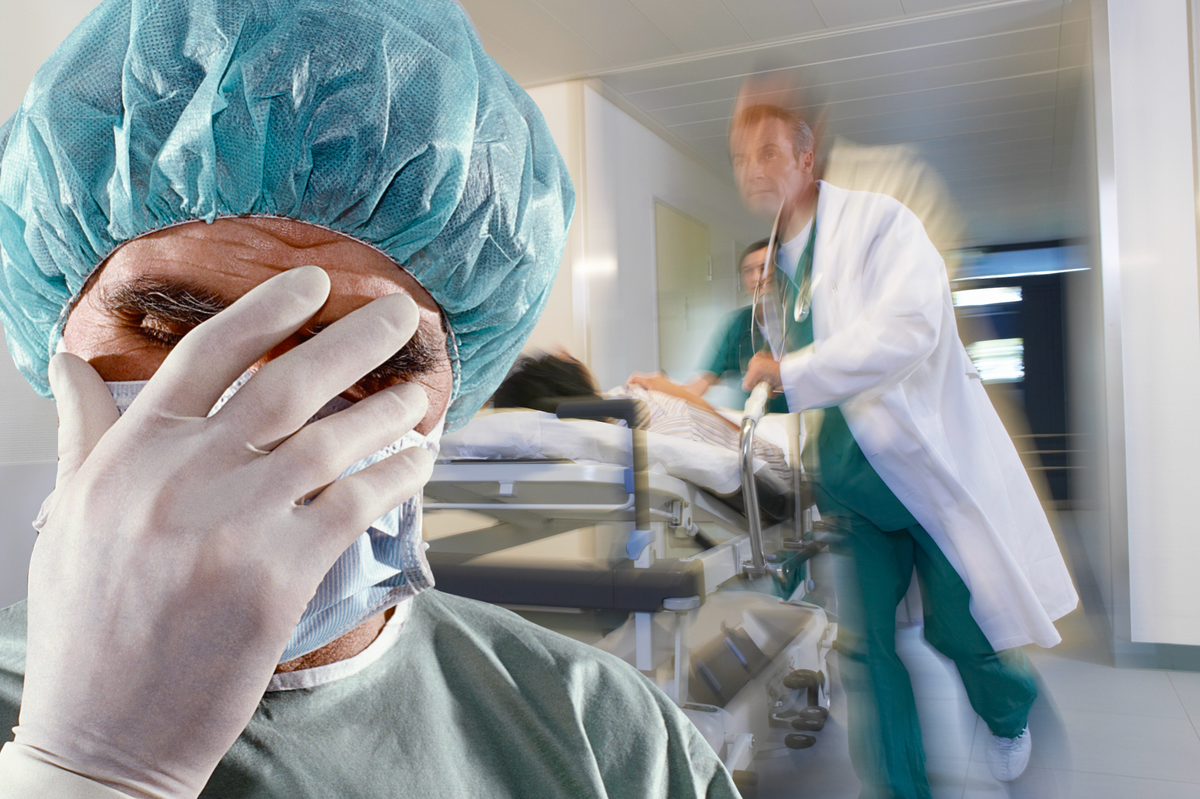 Surgeon panicking in a hospital ward