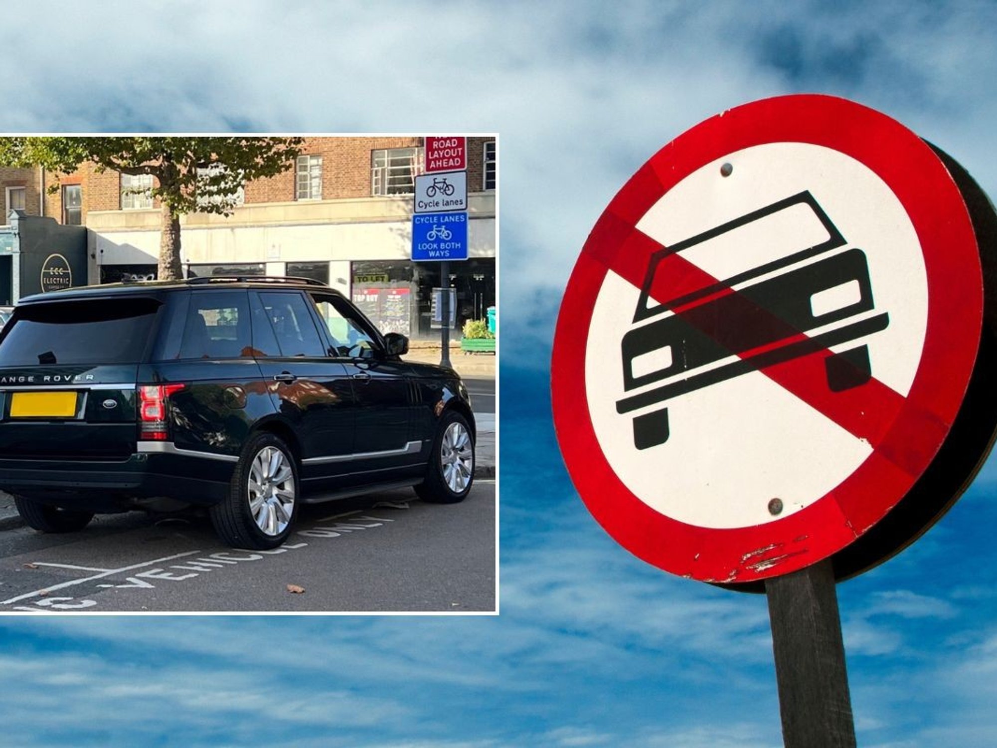 SUV parked and a car ban sign