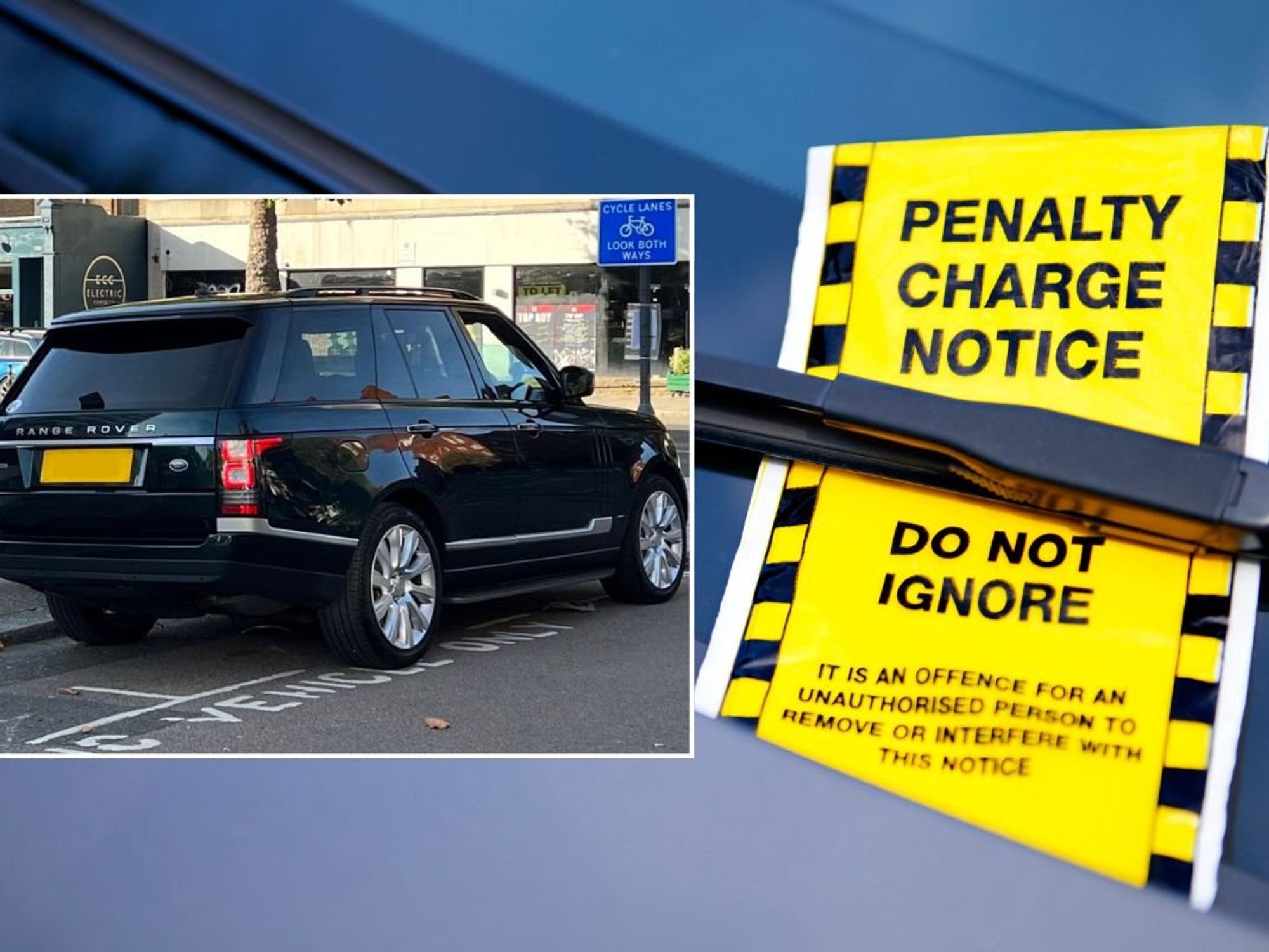 SUV parked over the lines and a penalty charge notice