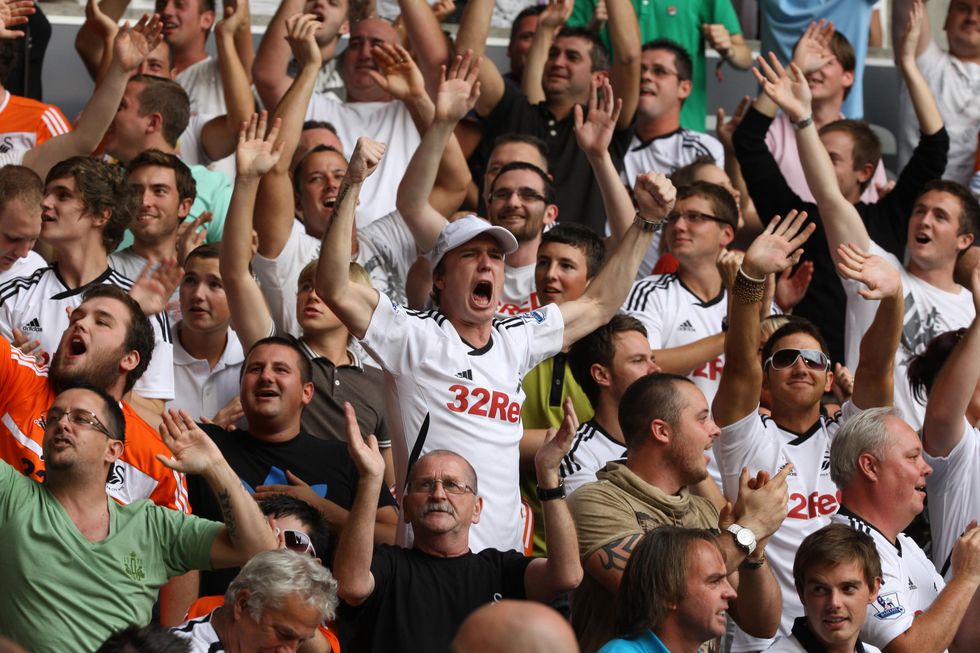 Swansea City's fans celebrates after Danny Graham scores their second goal during the Barclays Premier League match at the Liberty Stadium