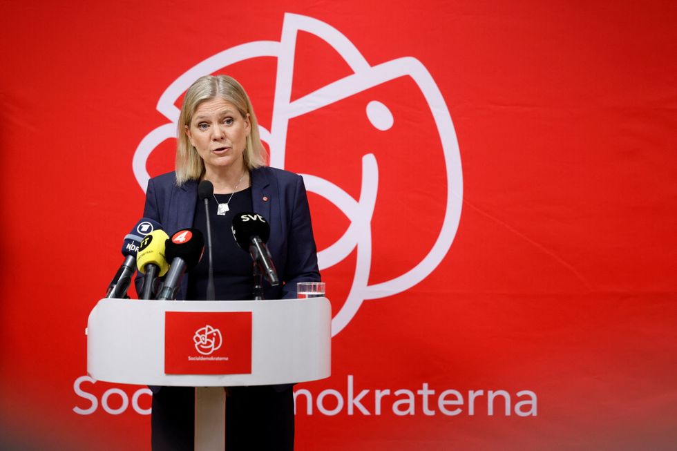 Sweden's Prime Minister Magdalena Andersson holds a news conference following a meeting at the ruling Social Democrats' headquarters on the party's decision on NATO membership, in Stockholm, Sweden, May 15, 2022. TT News Agency/Fredrik Persson via REUTERS ATTENTION EDITORS - THIS IMAGE WAS PROVIDED BY A THIRD PARTY. SWEDEN OUT. NO COMMERCIAL OR EDITORIAL SALES IN SWEDEN.