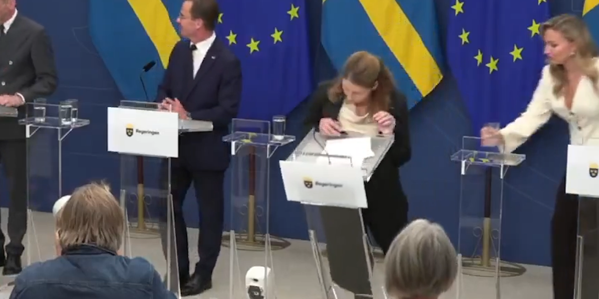 NextImg:Watch the moment Swedish Health Minister COLLAPSES during press conference