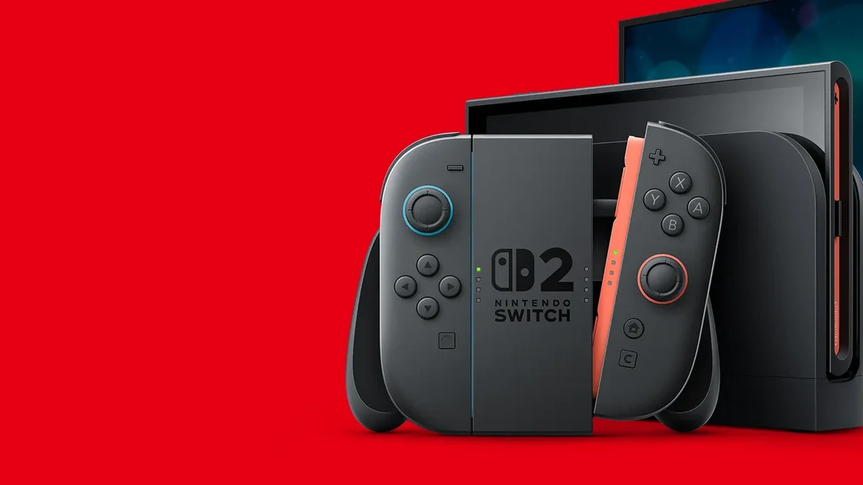 Switch 2 console shown in black with dock in the background