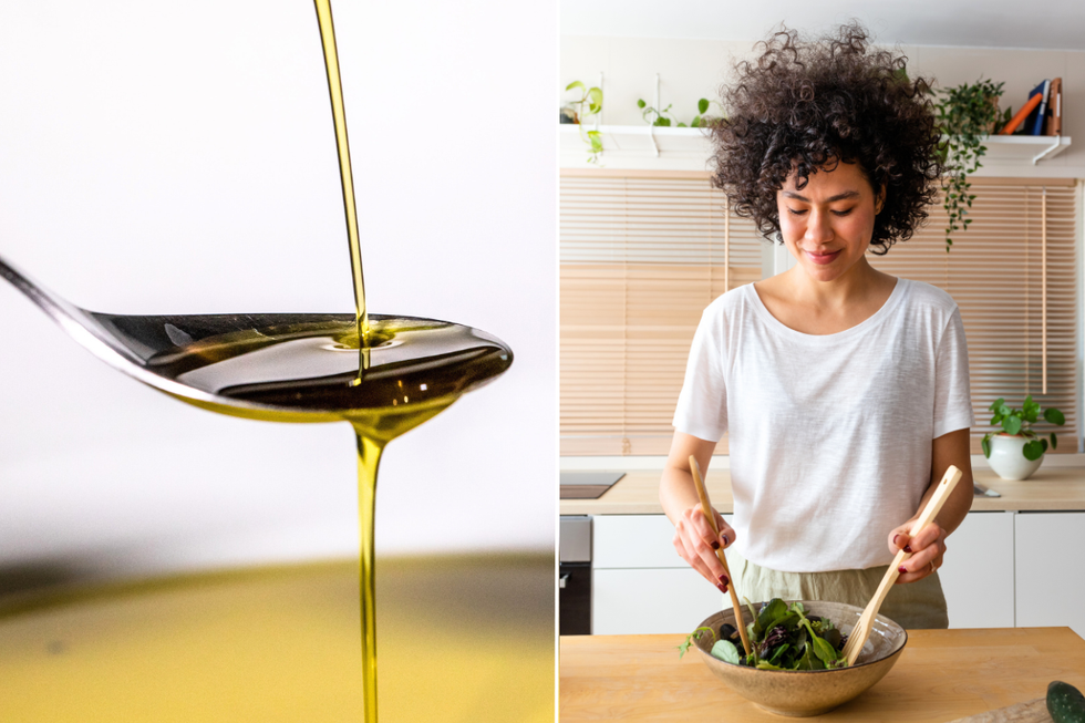 Tablespoon of olive oil / woman tossing salad