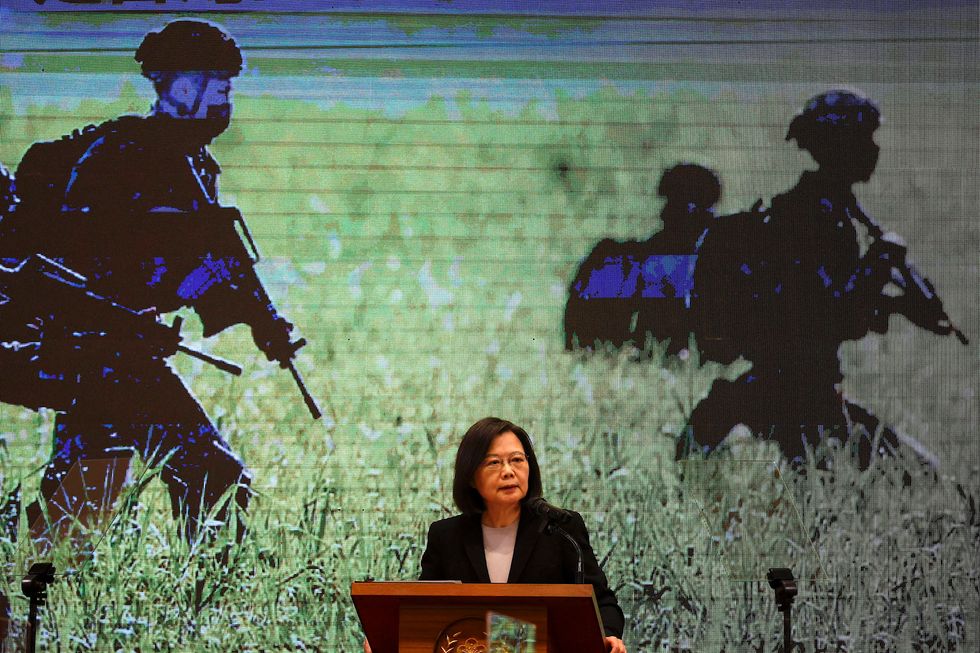 Taiwan President Tsai Ing-wen speaks at a news conference on new measures to reinforce the island's civil defence amid the rising China military threat in Taipei, Taiwan, December 27, 2022. REUTERS/Ann Wang
