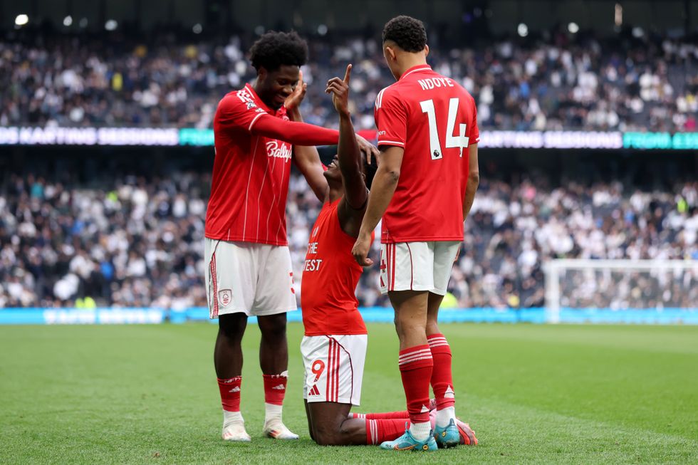 Taiwo Awoniyi celebrates scoring for Nottingham Forest against Tottenham