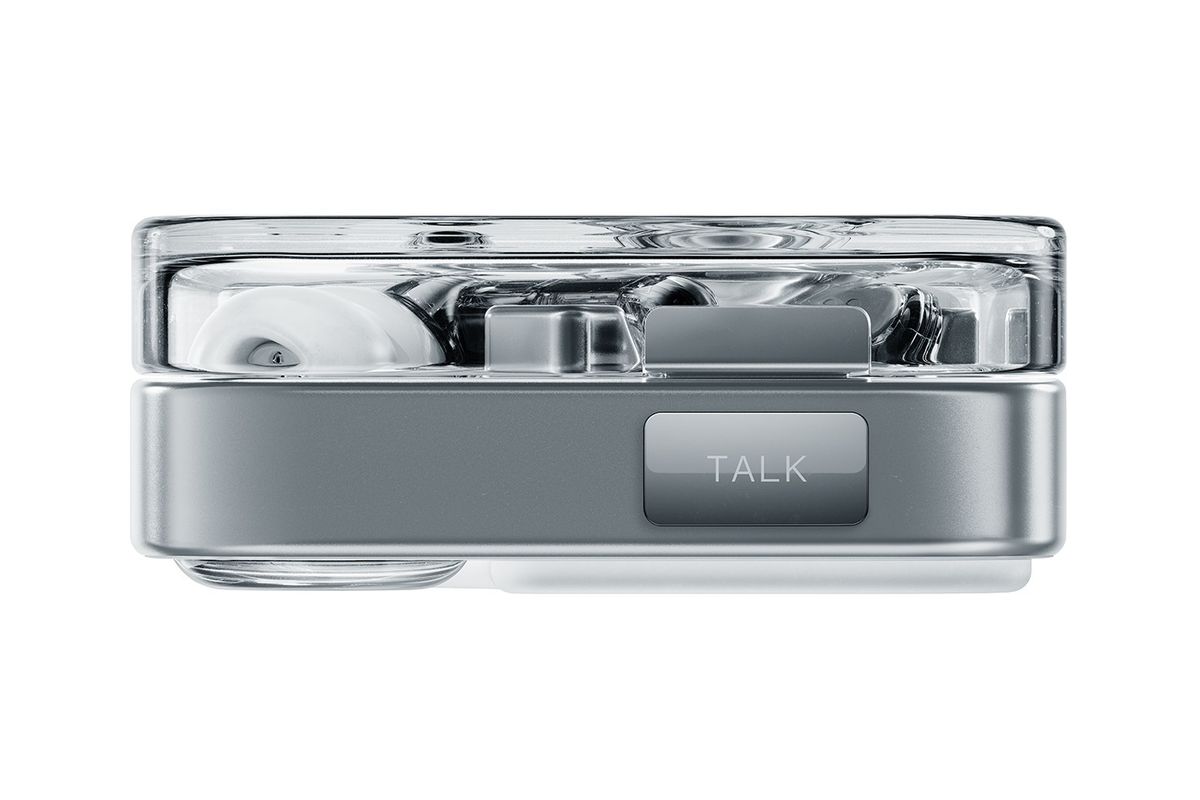 TALK button on the side of the charge carry case