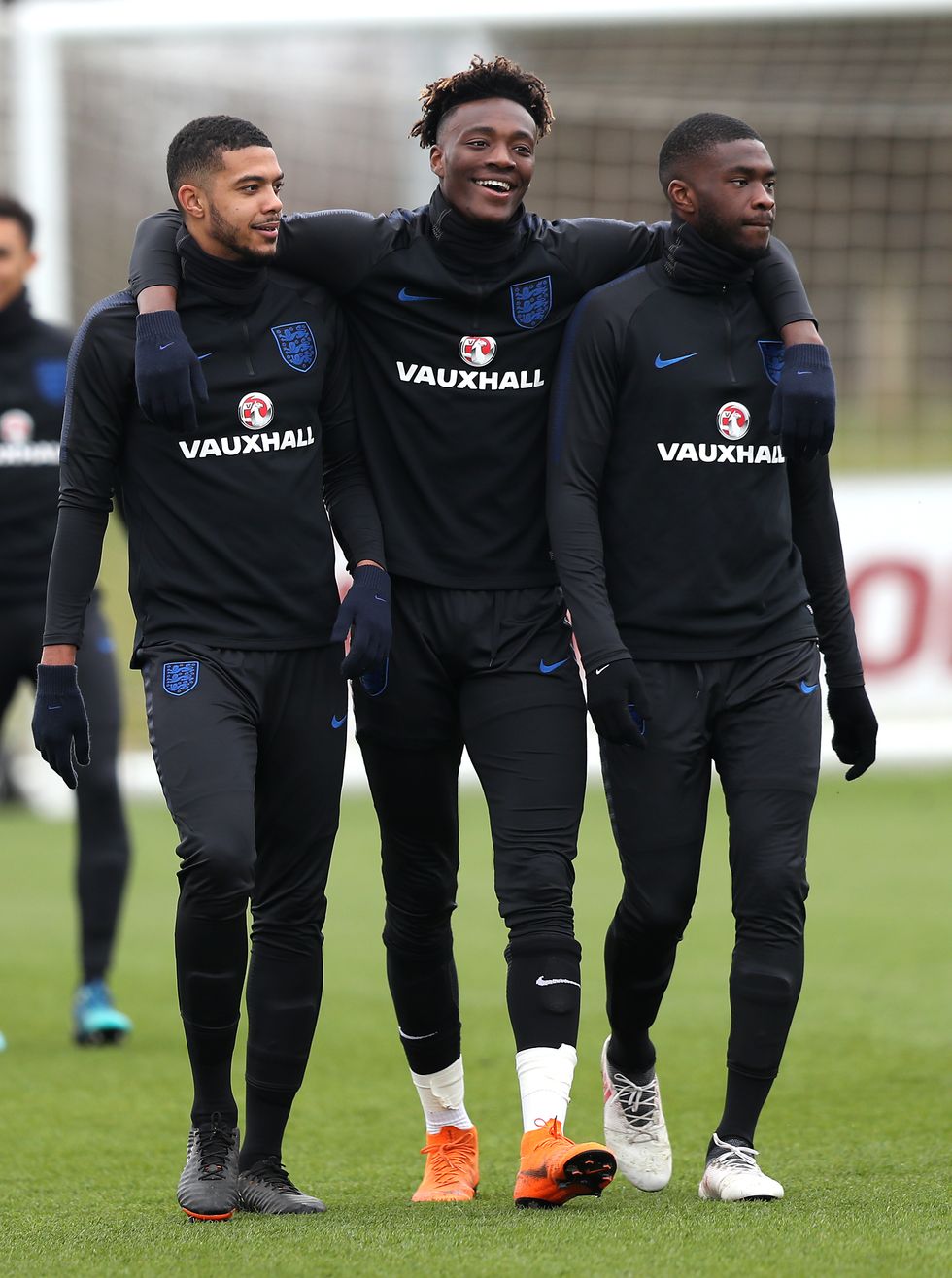 Tammy Abraham and Fikayo Tomori during a training session at St Georges' Park, Burton.