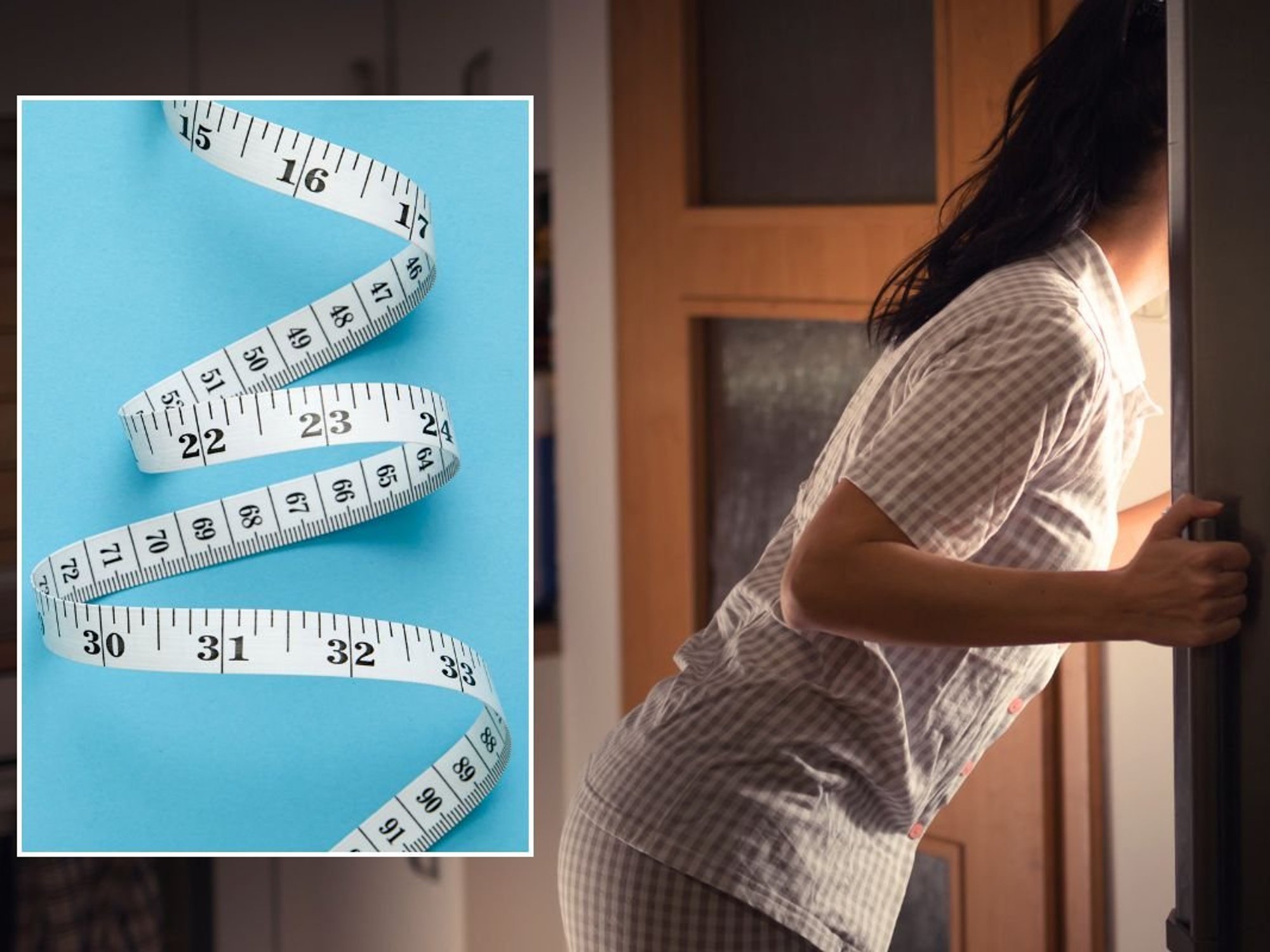 TAPE MEASURE AND WOMAN CHECKING FRIDGE