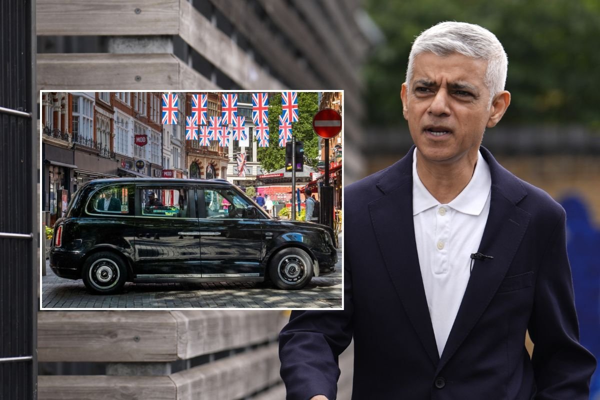 Taxi parked in London and London Mayor Sir Sadiq Khan