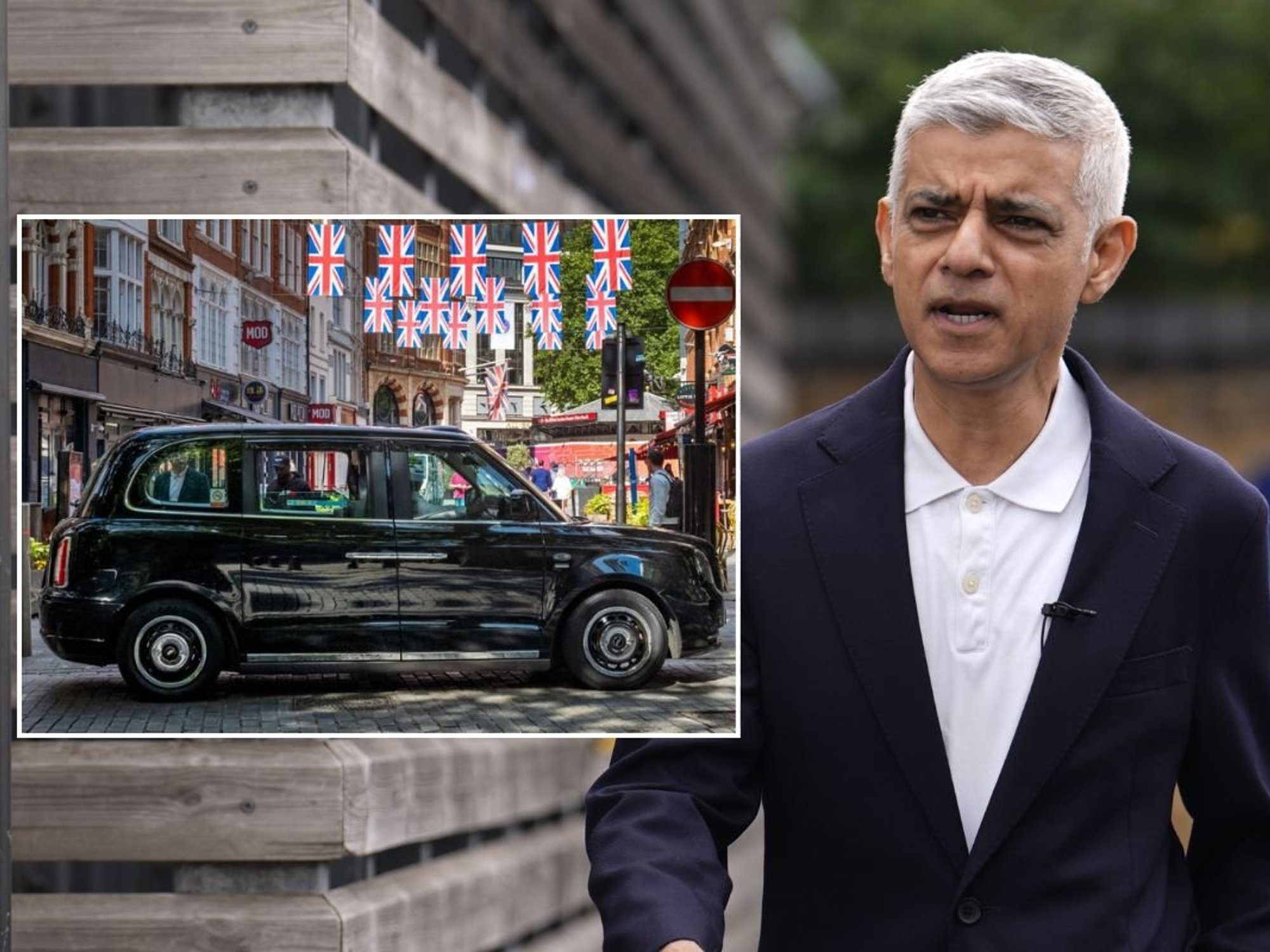 Taxi parked in London and London Mayor Sir Sadiq Khan