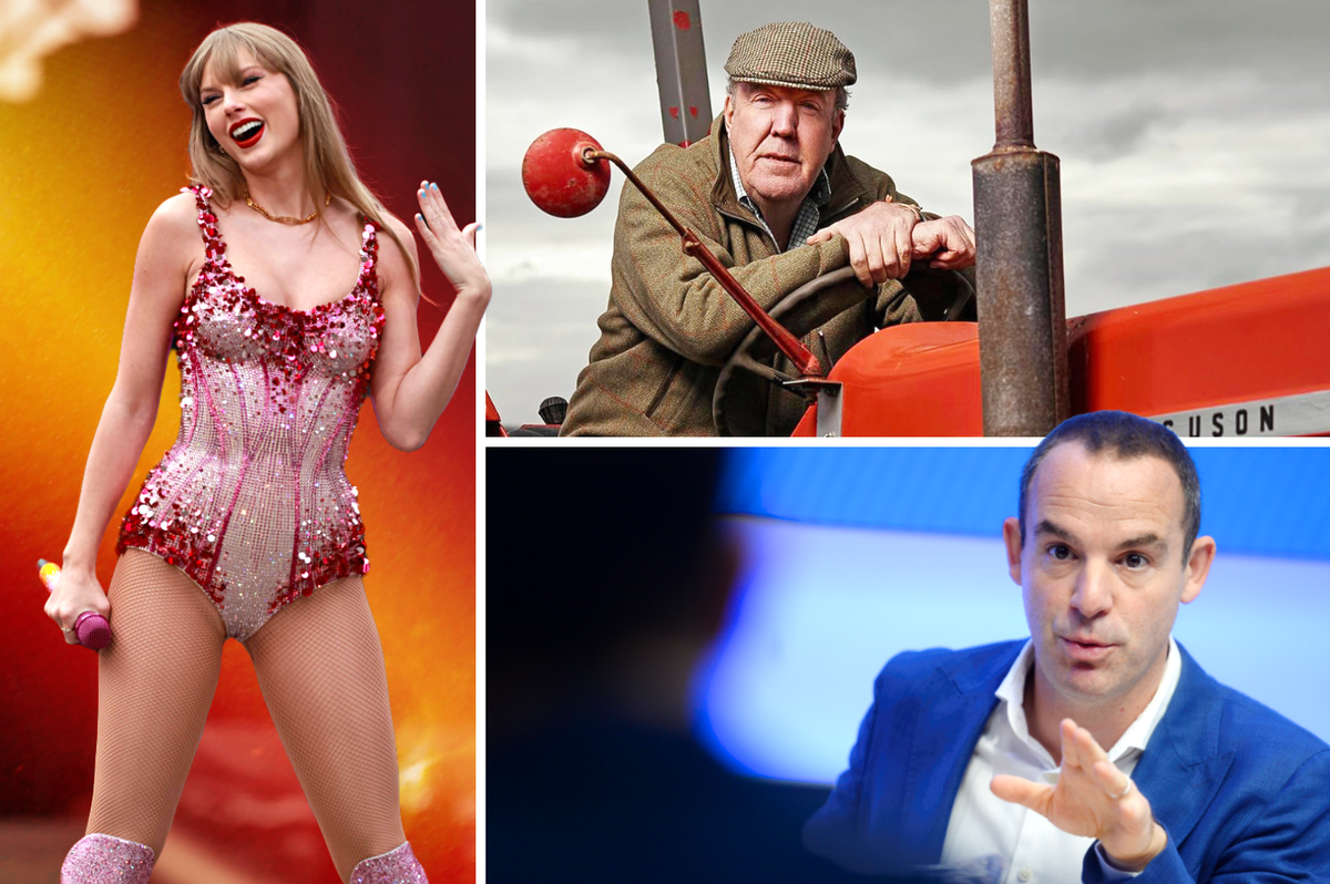 taylor swift pictured on-stage at wembley, left, with shot of jeremy clarkson on a tractor to promote the new series of clarksons farm and martin lewis