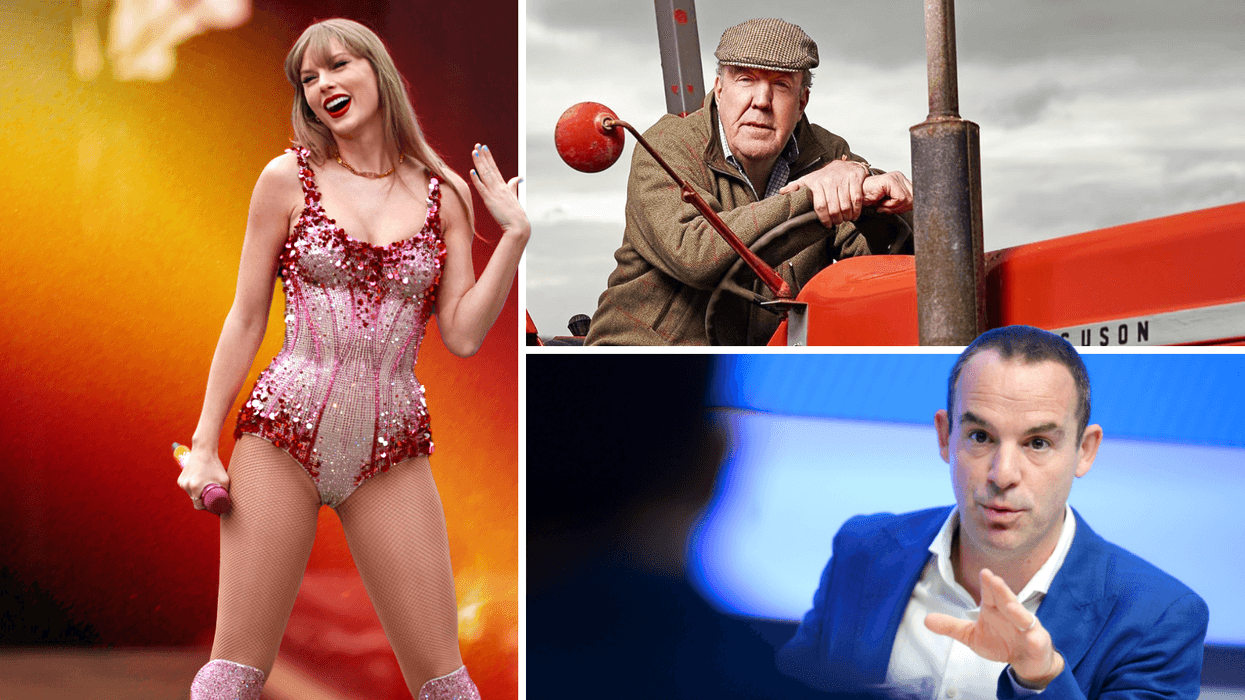 taylor swift pictured on-stage at wembley, left, with shot of jeremy clarkson on a tractor to promote the new series of clarksons farm and martin lewis