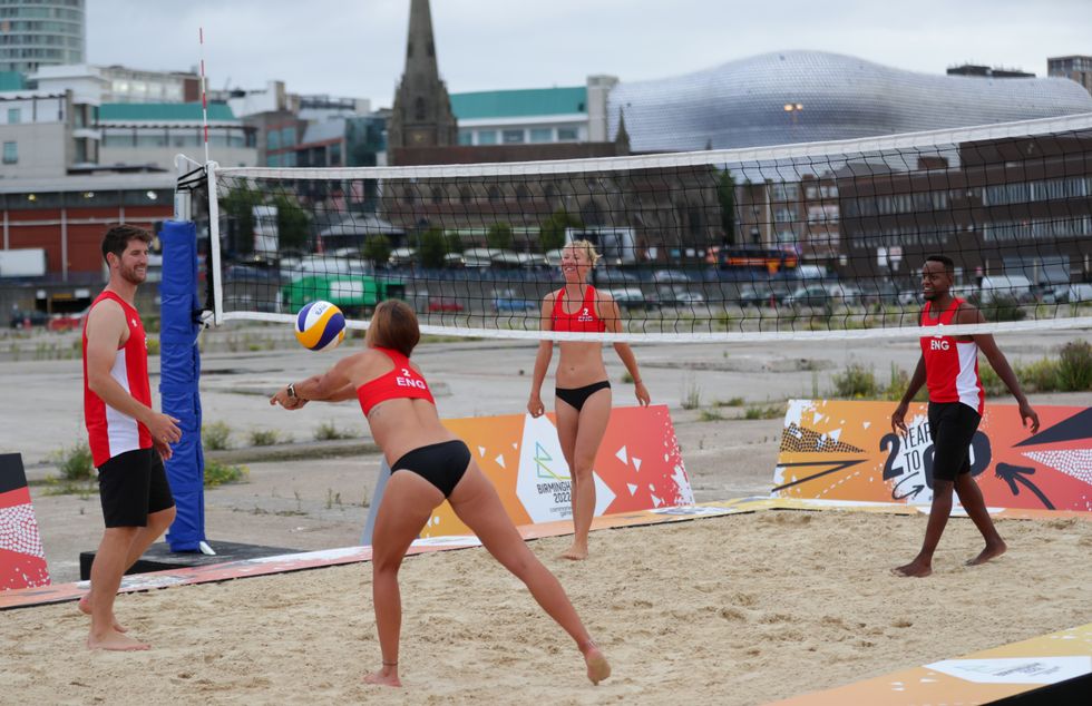 Team England players play beach volleyball during a demonstration at Smithfield, Birmingham City Centre. The Birmingham 2022 basketball and beach volleyball competitions will take place in the city centre location of Smithfield, Smithfield is the site of the former Birmingham Wholesale Market, which was cleared in 2018 and is the focus of a major regeneration plan.