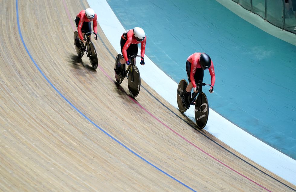 Team Wales on their way to winning gold in the Women's Team Sprint during day four of the HSBC UK National Track Championships at the Geraint Thomas National Velodrome, Newport. Picture date: Sunday March 6, 2022.