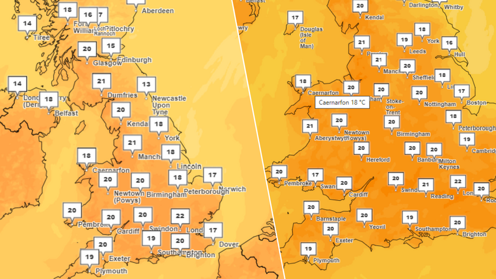 Temperature maps of the UK/England and Wales for this Sunday