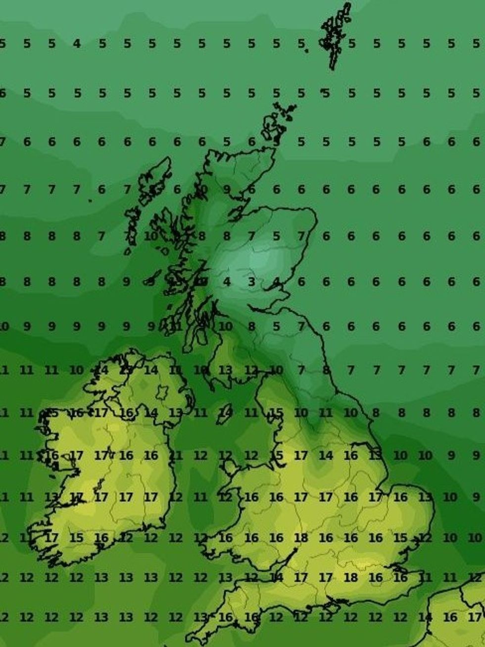 Temperatures across the UK are not expected to exceed 18C by the end of the month, WXCHARTS has claimed