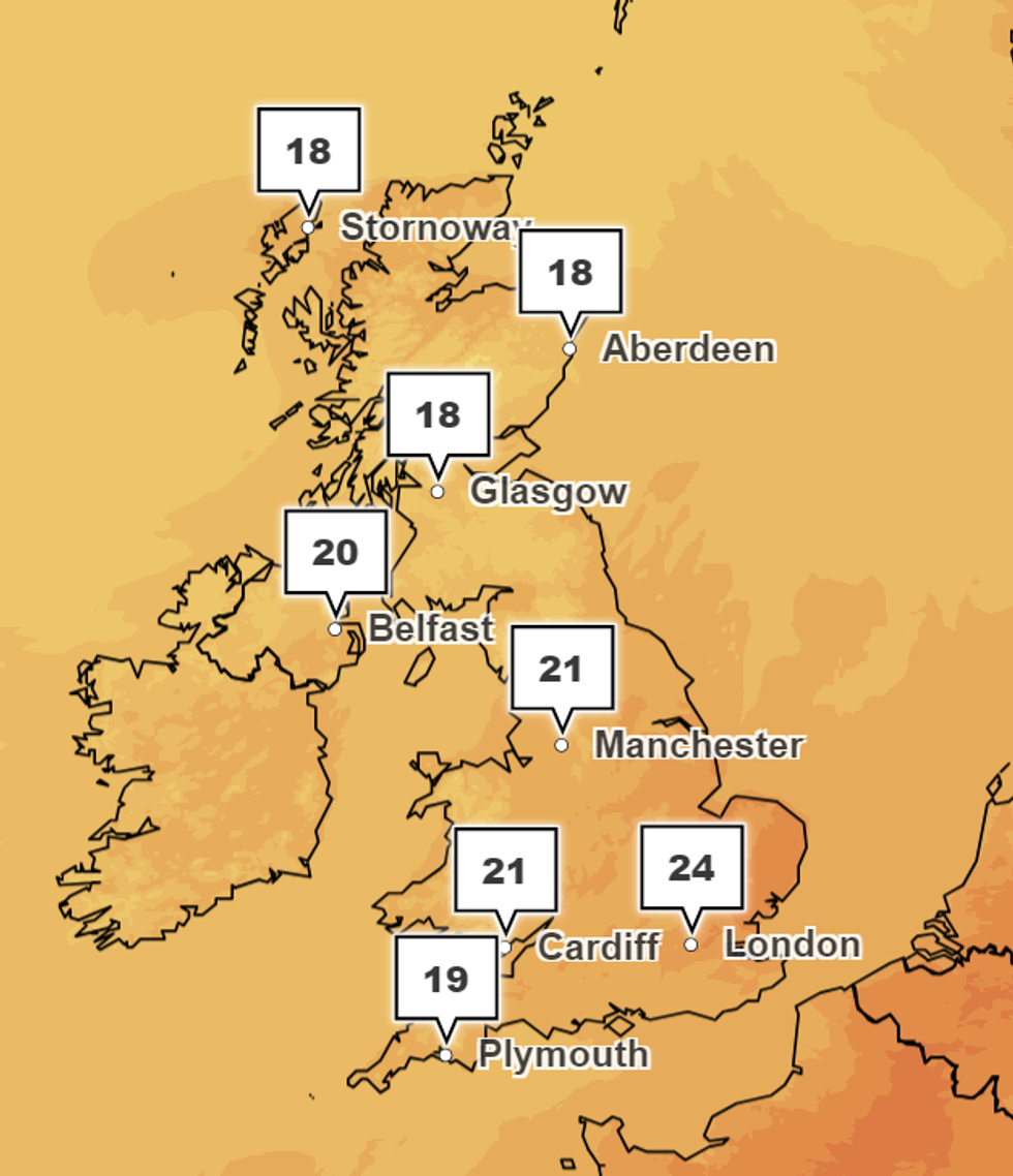 Temperatures across the UK at 4pm on Saturday