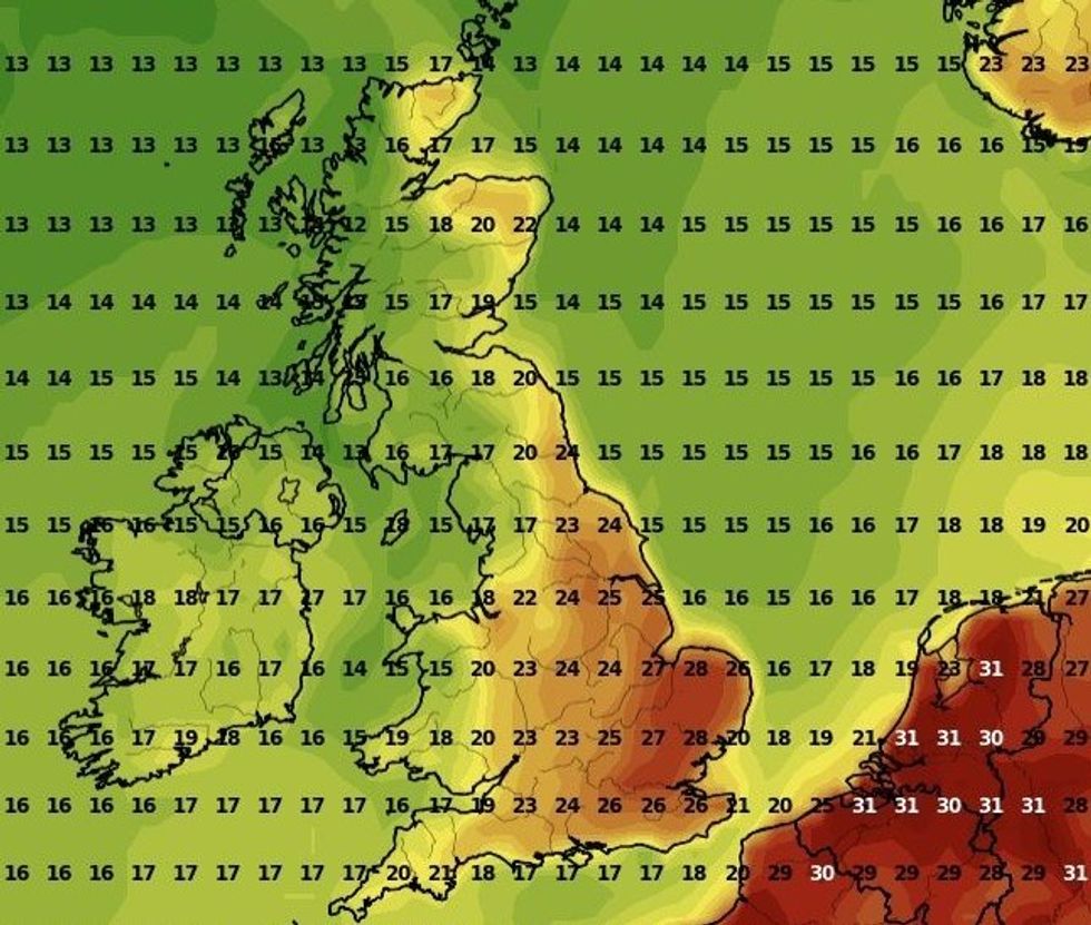 Temperatures across the UK on Sunday