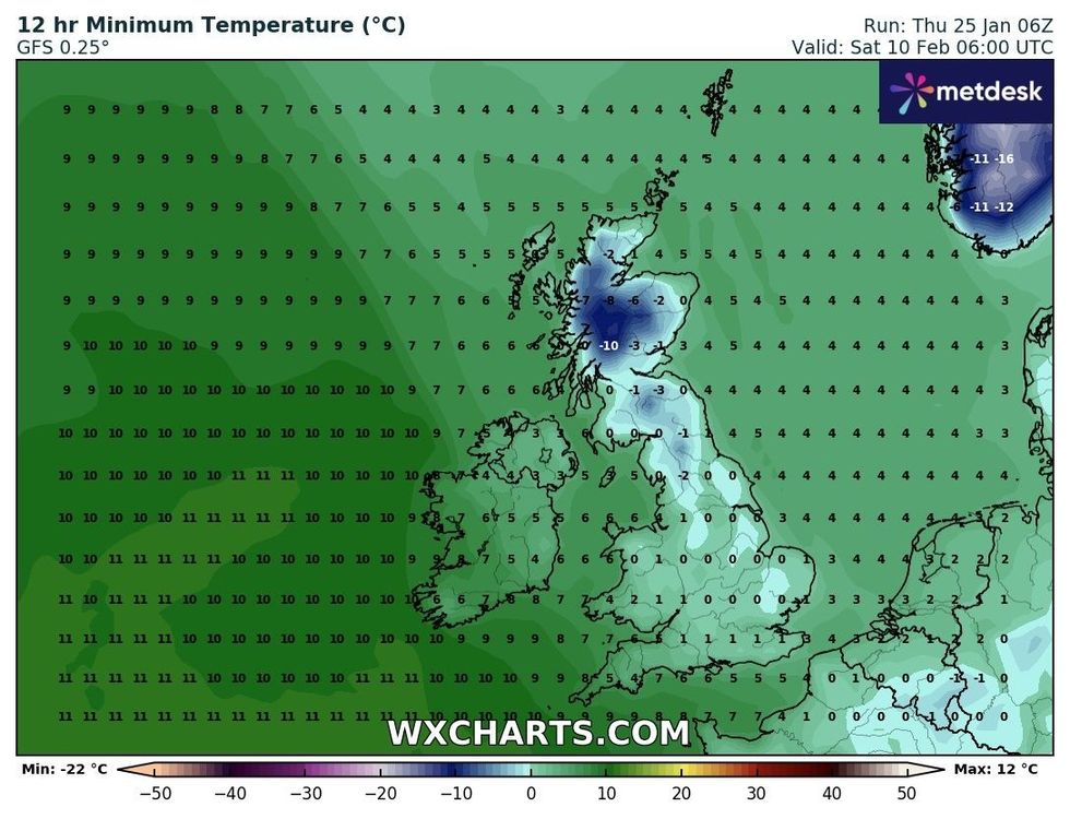 Temperatures could drop to as low as -10C, according to WXCHARTS