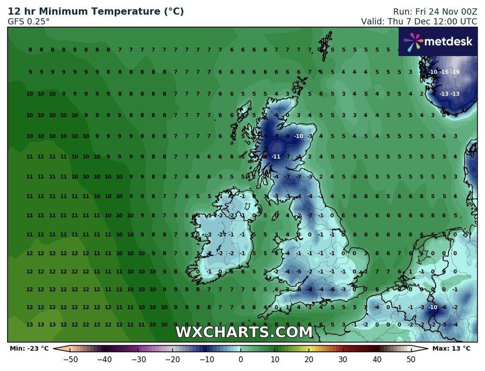 Temperatures could drop to as low as -11C