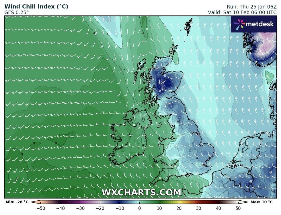 Temperatures could plummet as WXCHARTS' wind chill index drops drastically