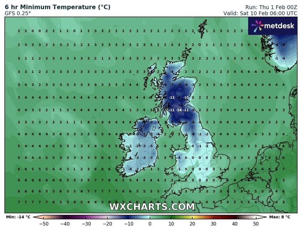Temperatures could plummet to as low as -14C