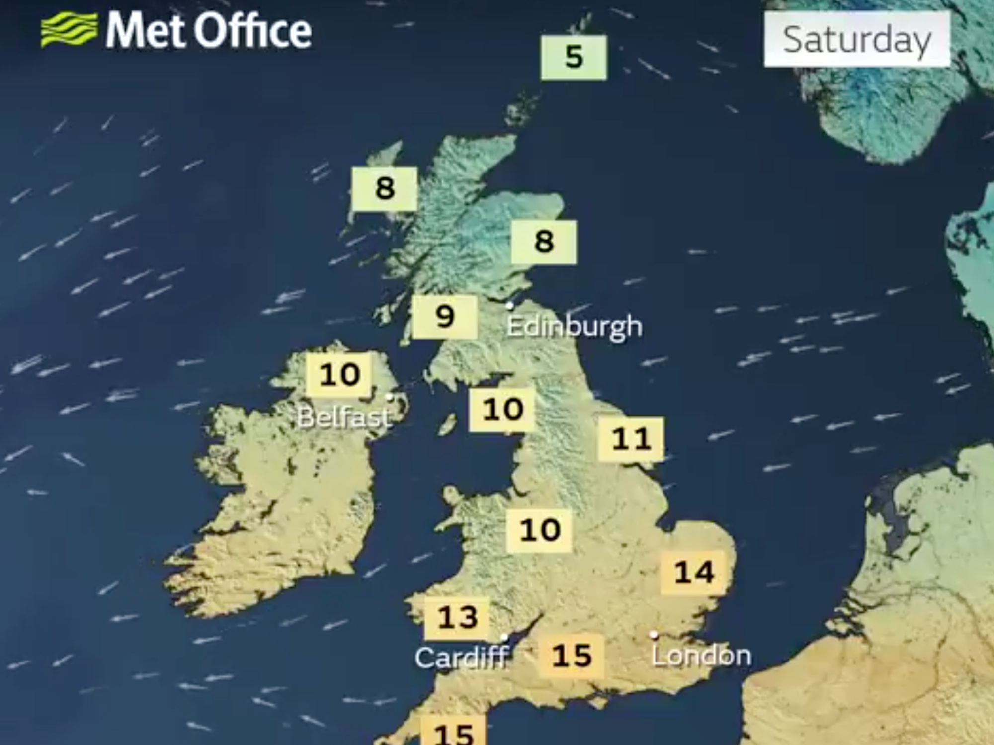 Temperatures on Saturday according to the Met Office