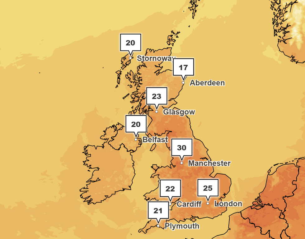 Temperatures will meanwhile remain warm throughout much of the UK, with Manchester reaching 30C at 3pm