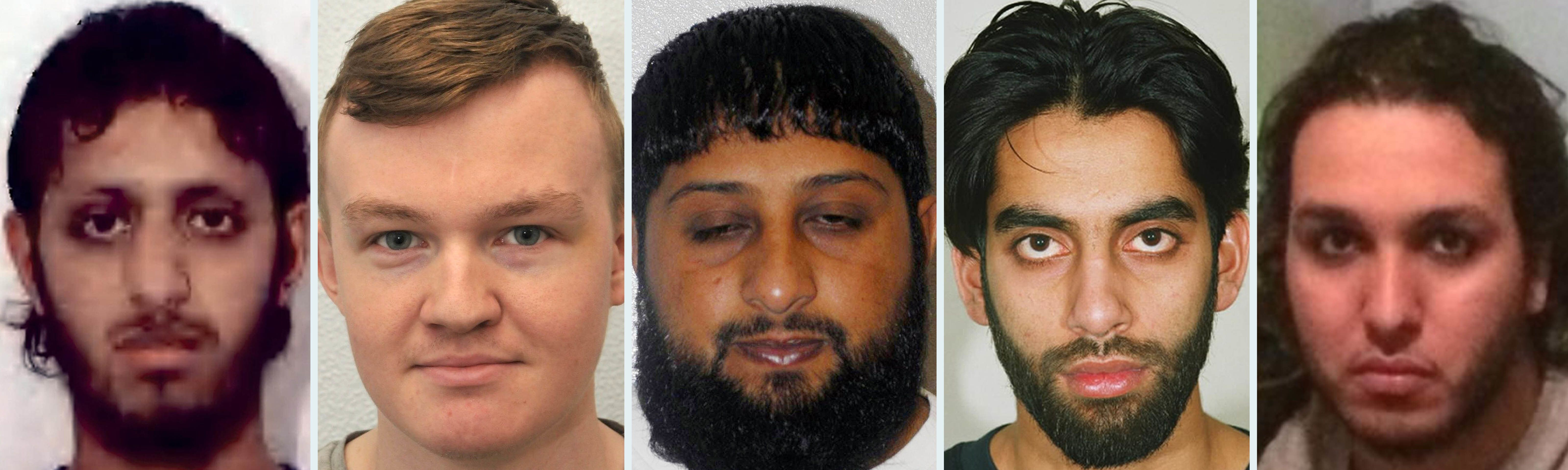 Terror offenders, from left, Nazam Hussain, Jack Coulson, Rangzieb Ahmed, Jawad Akbar and Abdalraouf Abdallah, who could be considered for release from prison next year by the Parole Board.