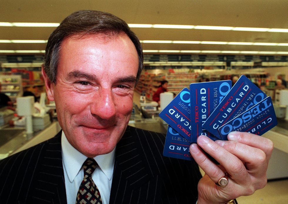 tesco chairman Sir Ian MacLaurin hold the first example of the clubcard loyalty cards in a southwark store