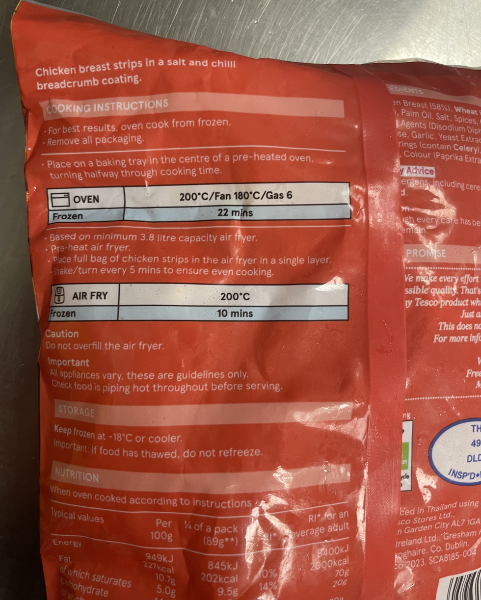 Tesco cooking instructions on packaging