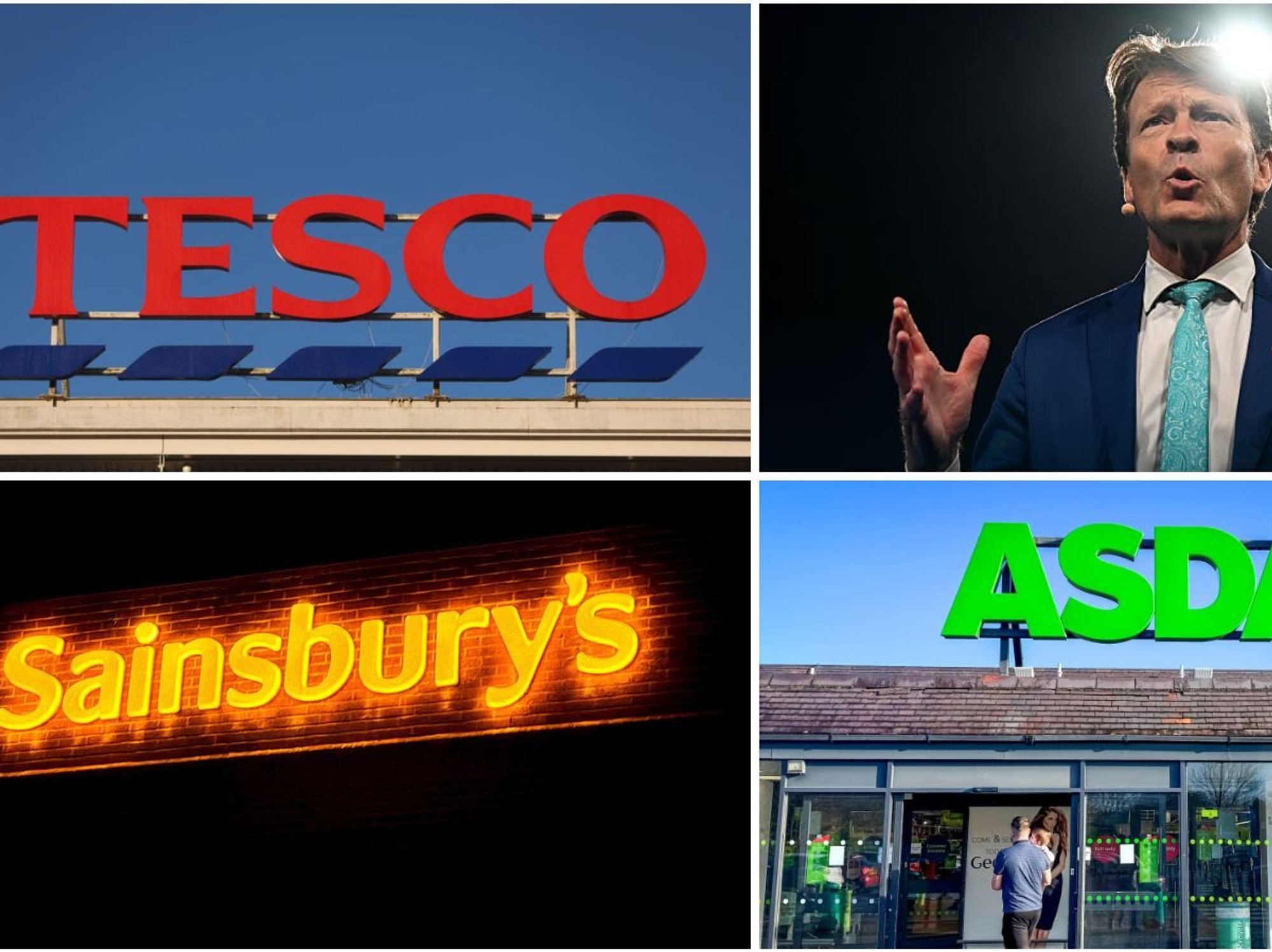 Tesco, Sainsbury's and Asda stores, and Reform deputy leader Richard Tice