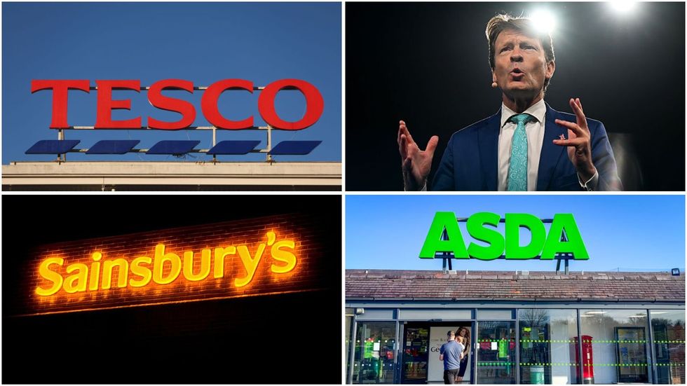 Tesco, Sainsbury's and Asda stores, and Reform deputy leader Richard Tice