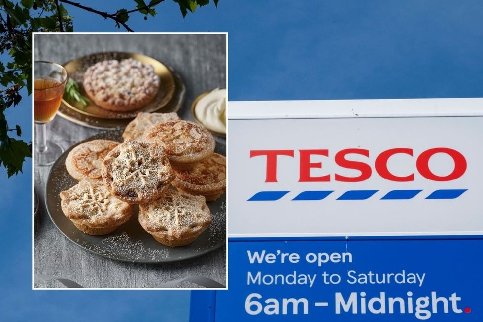 tesco shop sign and mince pies stock
