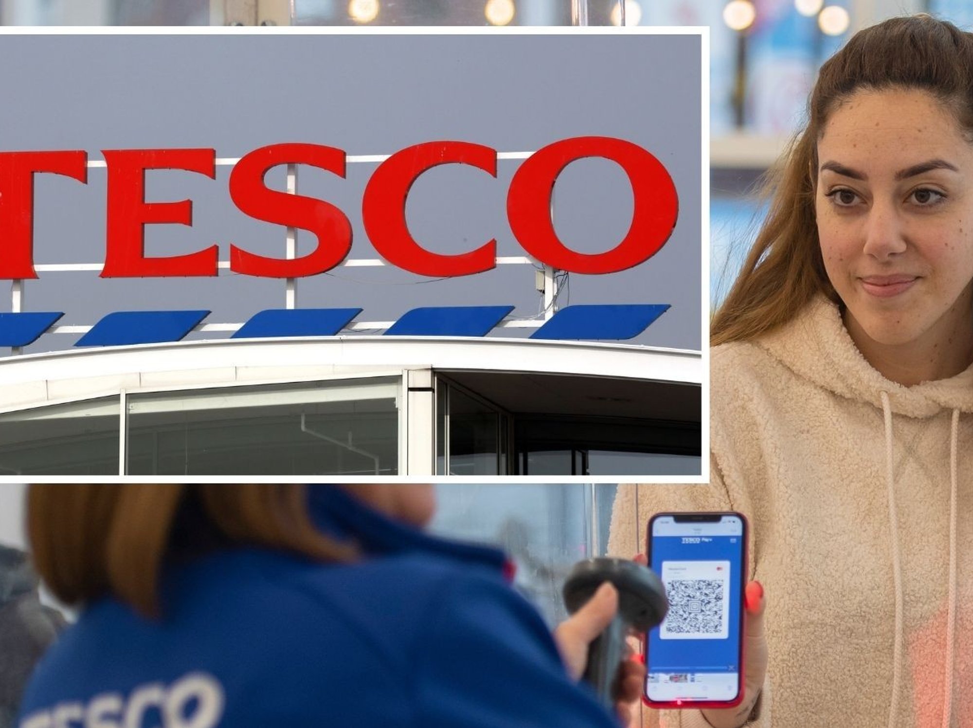 Tesco sign and Tesco Clubcard member showing card on phone
