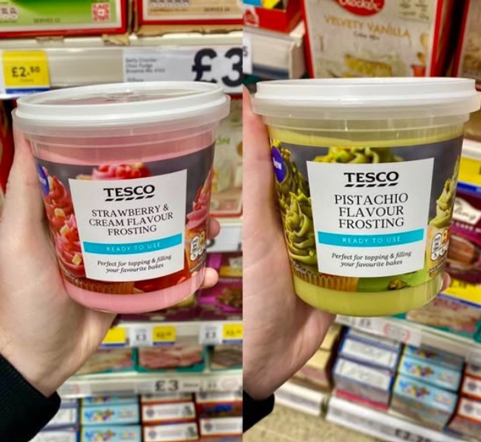 Tesco Strawberries & Cream and Pistachio flavour frostings